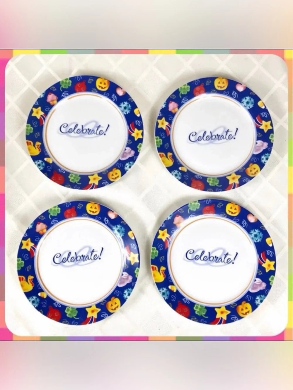 NEW 4 Pc Avery 8” BIRTHDAY PARTY DESSERT PLATE SET Holiday Event Ceramic Dishes
